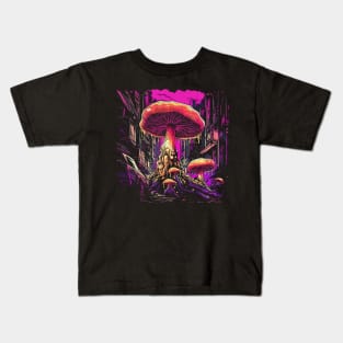 Mushrooms Invasion Over Neon Cyberpunk City Kids T-Shirt